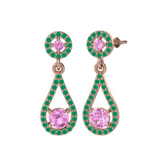 Montezuma Küpe - Pembe kuvars ve kök zümrüt 18 ayar rose altın küpe #k4qx19