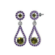 Montezuma Küpe - Peridot ve ametist 18 ayar beyaz altın küpe #nudrc6