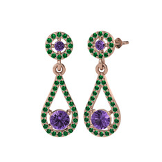 Ametist ve yeşil kuvars 14 ayar rose altın küpe