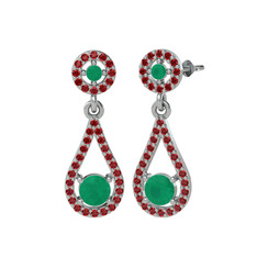 Montezuma Küpe - Kök zümrüt ve garnet 8 ayar beyaz altın küpe #q0jfb7