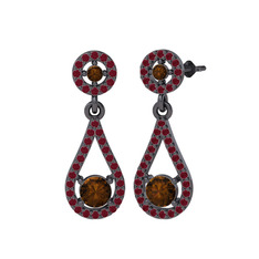 Montezuma Küpe - Dumanlı kuvars ve kök yakut 925 ayar siyah rodyum kaplama gümüş küpe #q6zzek