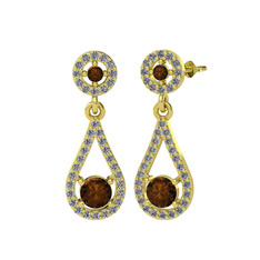 Dumanlı kuvars ve pırlanta 925 ayar altın kaplama gümüş küpe (0.792 karat)