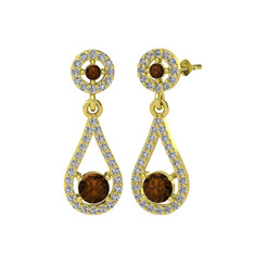 Dumanlı kuvars ve beyaz zirkon 8 ayar altın küpe