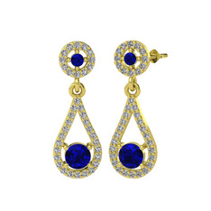 Lab safir ve swarovski 925 ayar altın kaplama gümüş küpe