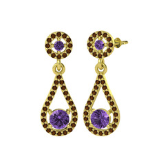 Montezuma Küpe - Ametist ve dumanlı kuvars 18 ayar altın küpe #t8acbv