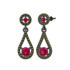 Rodolit garnet ve peridot 925 ayar siyah rodyum kaplama gümüş küpe