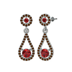 Montezuma Küpe - Garnet ve dumanlı kuvars 18 ayar beyaz altın küpe #vocp7a