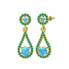 Akuamarin ve kök zümrüt 14 ayar altın küpe