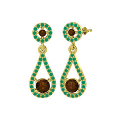 Dumanlı kuvars ve kök zümrüt 8 ayar altın küpe