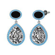 Beyaz zirkon, siyah zirkon ve akuamarin 18 ayar beyaz altın küpe