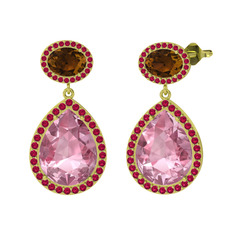 Pembe kuvars, dumanlı kuvars ve rodolit garnet 18 ayar altın küpe