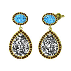 Beyaz zirkon, akuamarin ve dumanlı kuvars 925 ayar altın kaplama gümüş küpe