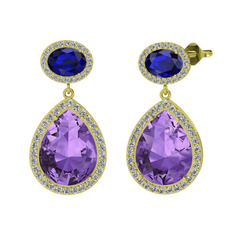 Lupine Küpe - Ametist, lab safir ve beyaz zirkon 18 ayar altın küpe #11524ue