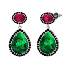 Lupine Küpe - Yeşil kuvars, rodolit garnet ve siyah zirkon 8 ayar beyaz altın küpe #11a00cw