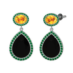 Lupine Küpe - Siyah zirkon, sitrin ve yeşil kuvars 14 ayar beyaz altın küpe #11r0os