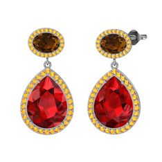 Lupine Küpe - Garnet, dumanlı kuvars ve sitrin 18 ayar beyaz altın küpe #12gv4a8