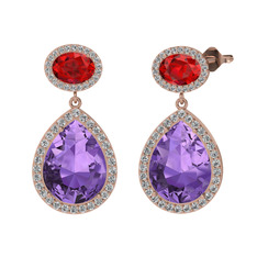Lupine Küpe - Ametist, garnet ve beyaz zirkon 8 ayar rose altın küpe #12vgn86
