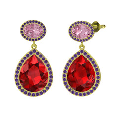 Garnet, pembe kuvars ve ametist 18 ayar altın küpe