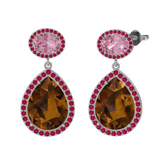 Lupine Küpe - Dumanlı kuvars, pembe kuvars ve rodolit garnet 8 ayar beyaz altın küpe #1358x5n