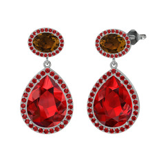 Garnet ve dumanlı kuvars 8 ayar beyaz altın küpe