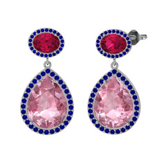 Pembe kuvars, rodolit garnet ve lab safir 14 ayar beyaz altın küpe