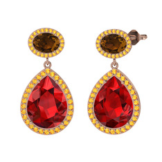 Garnet, dumanlı kuvars ve sitrin 18 ayar rose altın küpe