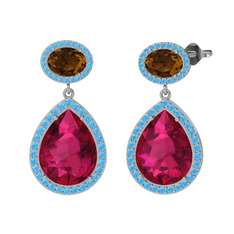 Rodolit garnet, dumanlı kuvars ve akuamarin 18 ayar beyaz altın küpe