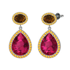 Lupine Küpe - Rodolit garnet, dumanlı kuvars ve sitrin 8 ayar beyaz altın küpe #14s4k89