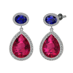 Rodolit garnet, lab safir ve beyaz zirkon 8 ayar beyaz altın küpe