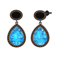 Lupine Küpe - Akuamarin, siyah zirkon ve dumanlı kuvars 925 ayar siyah rodyum kaplama gümüş küpe #156khw6