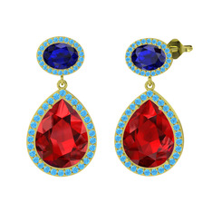 Garnet, lab safir ve akuamarin 14 ayar altın küpe