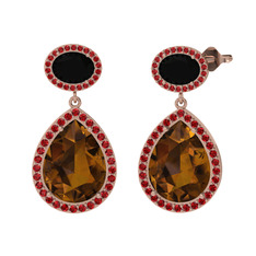 Dumanlı kuvars, siyah zirkon ve garnet 14 ayar rose altın küpe