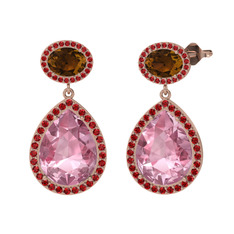 Pembe kuvars, dumanlı kuvars ve garnet 18 ayar rose altın küpe