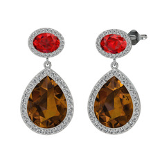 Dumanlı kuvars, garnet ve beyaz zirkon 14 ayar beyaz altın küpe