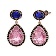 Pembe kuvars, lab safir ve siyah zirkon 18 ayar rose altın küpe