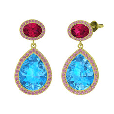 Akuamarin, rodolit garnet ve pembe kuvars 8 ayar altın küpe