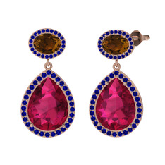 Lupine Küpe - Rodolit garnet, dumanlı kuvars ve lab safir 8 ayar rose altın küpe #17sqys0