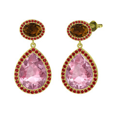 Lupine Küpe - Pembe kuvars, dumanlı kuvars ve garnet 18 ayar altın küpe #17uttt