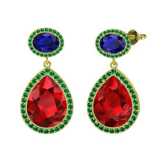 Garnet, lab safir ve yeşil kuvars 8 ayar altın küpe