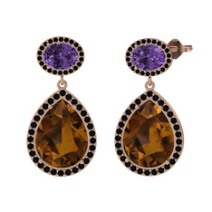 Lupine Küpe - Dumanlı kuvars, ametist ve siyah zirkon 14 ayar rose altın küpe #182crs0