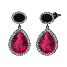 Lupine Küpe - Rodolit garnet, siyah zirkon ve beyaz zirkon 925 ayar siyah rodyum kaplama gümüş küpe #1869ccx