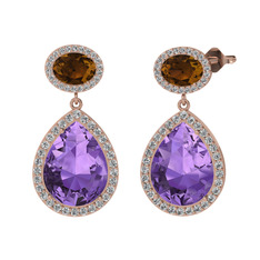 Ametist, dumanlı kuvars ve beyaz zirkon 14 ayar rose altın küpe