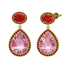 Pembe kuvars ve garnet 18 ayar altın küpe
