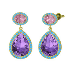 Lupine Küpe - Ametist, pembe kuvars ve akuamarin 925 ayar altın kaplama gümüş küpe #19ilo2j