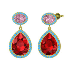 Garnet, pembe kuvars ve akuamarin 8 ayar altın küpe