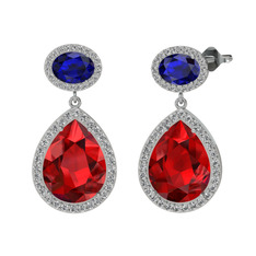 Garnet, lab safir ve beyaz zirkon 8 ayar beyaz altın küpe
