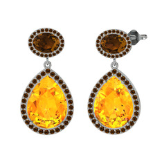 Sitrin ve dumanlı kuvars 8 ayar beyaz altın küpe