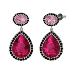 Rodolit garnet, pembe kuvars ve siyah zirkon 14 ayar beyaz altın küpe