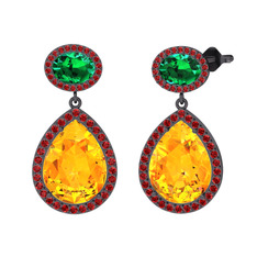 Lupine Küpe - Sitrin, yeşil kuvars ve garnet 925 ayar siyah rodyum kaplama gümüş küpe #1bqqnnn