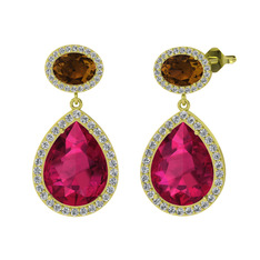 Lupine Küpe - Rodolit garnet, dumanlı kuvars ve beyaz zirkon 925 ayar altın kaplama gümüş küpe #1brf1bz